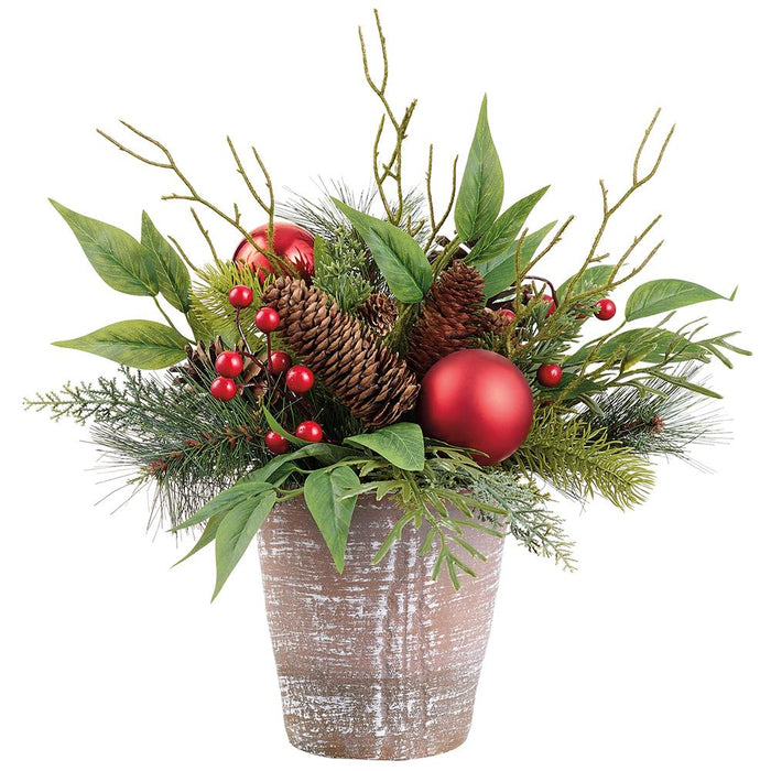 15" Berry/Ball/Pine Cone/Pine in Cement Pot Green Red