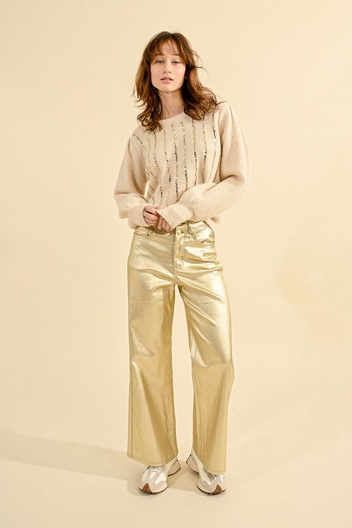 Coated pants, wide with high waist