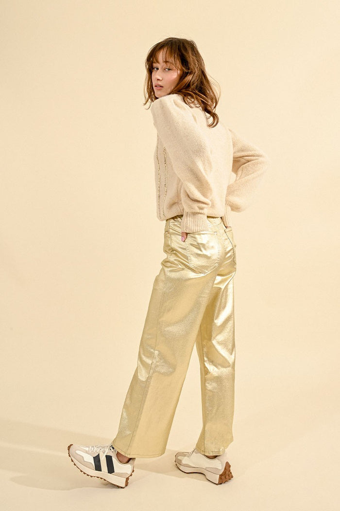 Coated pants, wide with high waist