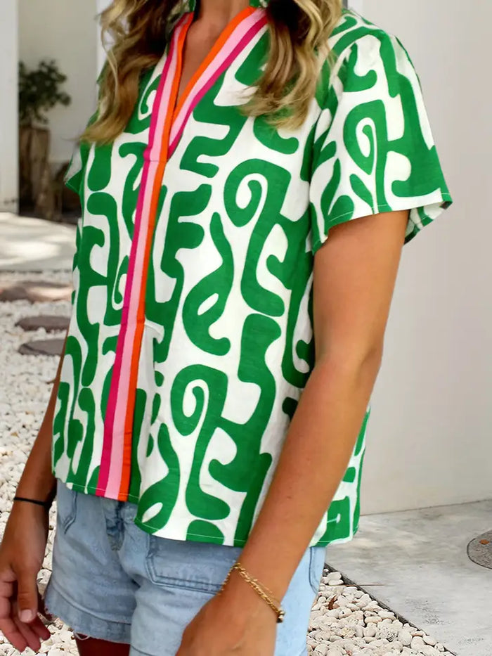 Abstract Print Striped Trim V Neck Short Sleeve Blouse