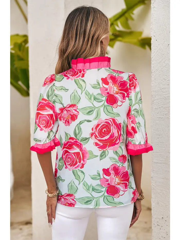 Color blocked Ruffle Floral Print Top