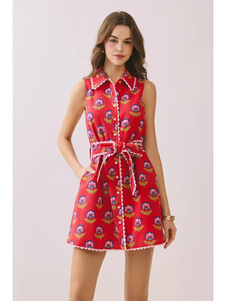 Floral Print Contrast Scalloped Trim Detail Dress