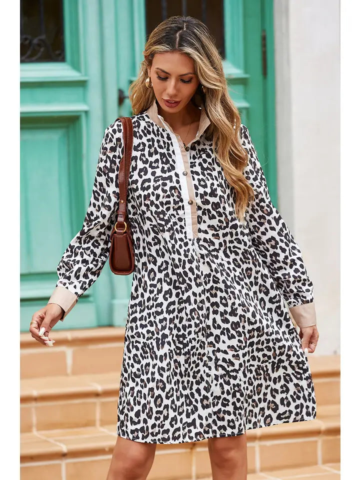 Leopard Collar Patchwork Button Dress