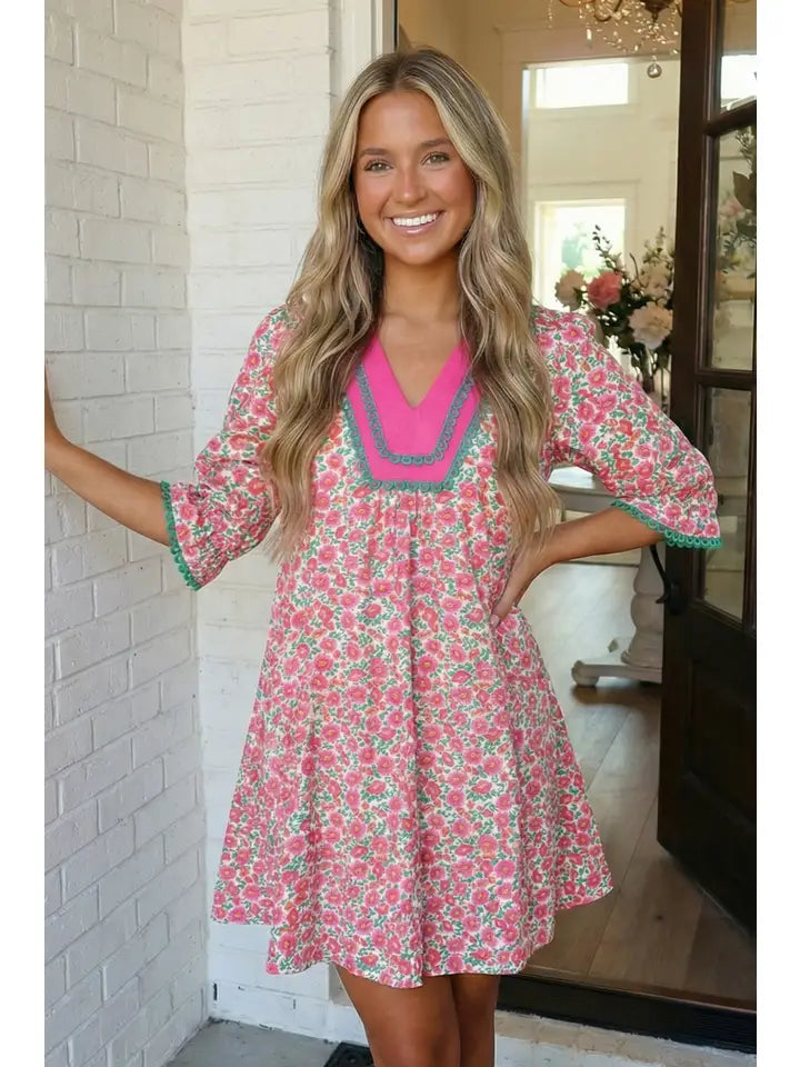 Floral Print Patchwork Bubble Sleeve Mini Dress
