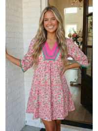 Floral Print Patchwork Bubble Sleeve Mini Dress