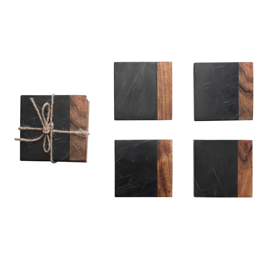 Marble & Acacia Wood Coasters, Black & Natural, Set of 4