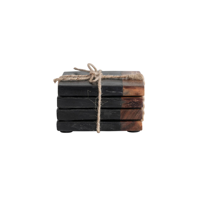 Marble & Acacia Wood Coasters, Black & Natural, Set of 4