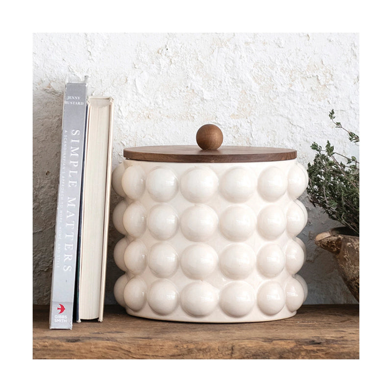 Stoneware Canister w/ Raised Dots & Acacia Wood Lid & Natural