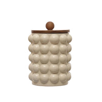 Stoneware Canister w/ Raised Dots & Acacia Wood Lid & Natura