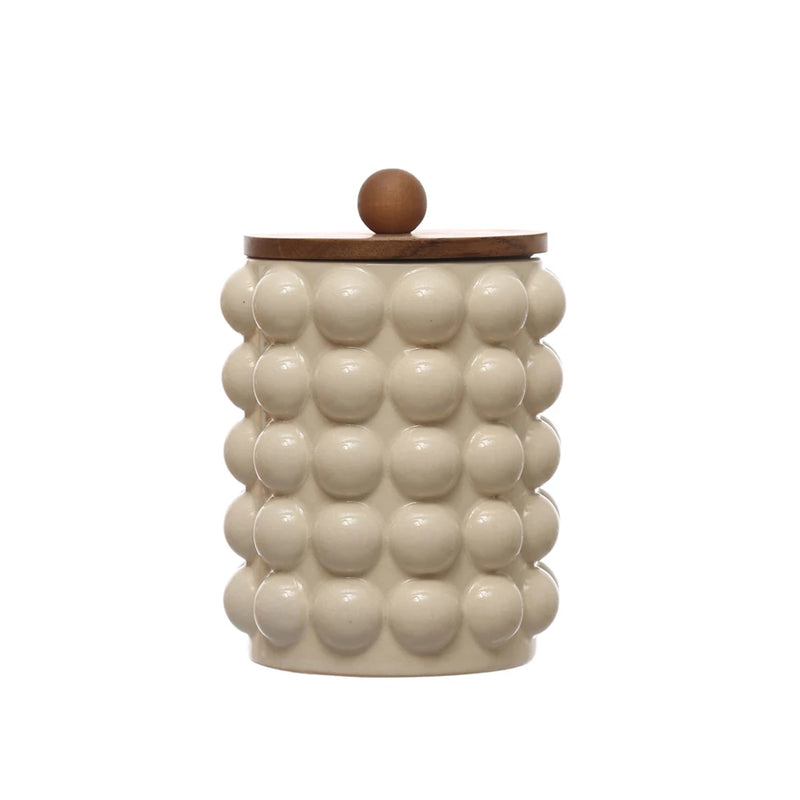 Stoneware Canister w/ Raised Dots & Acacia Wood Lid & Natura