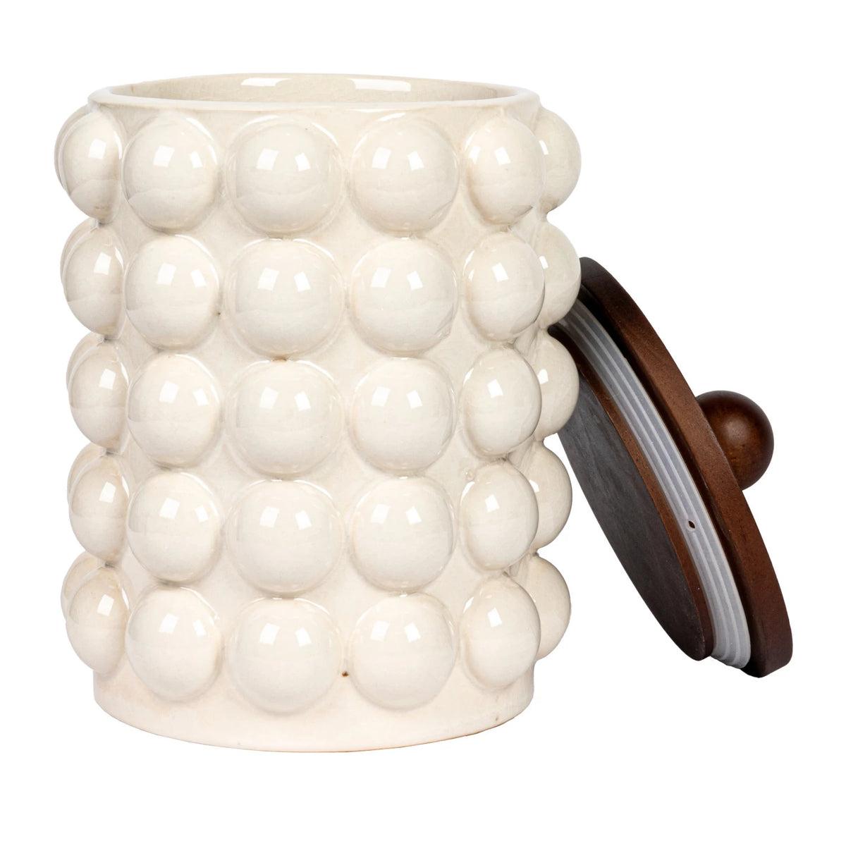 Stoneware Canister w/ Raised Dots & Acacia Wood Lid & Natura