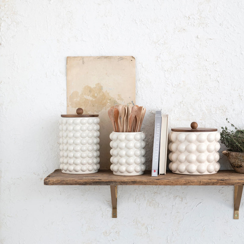 Stoneware Canister w/ Raised Dots & Acacia Wood Lid & Natural