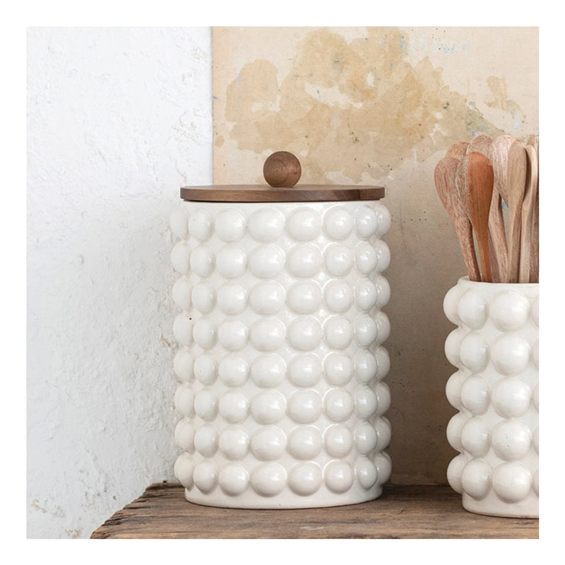 Stoneware Canister w/ Raised Dots & Acacia Wood Lid & Natural