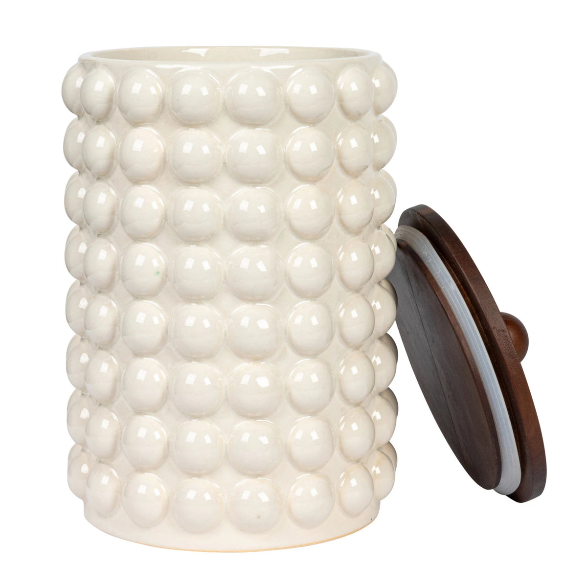 Stoneware Canister w/ Raised Dots & Acacia Wood Lid & Natural