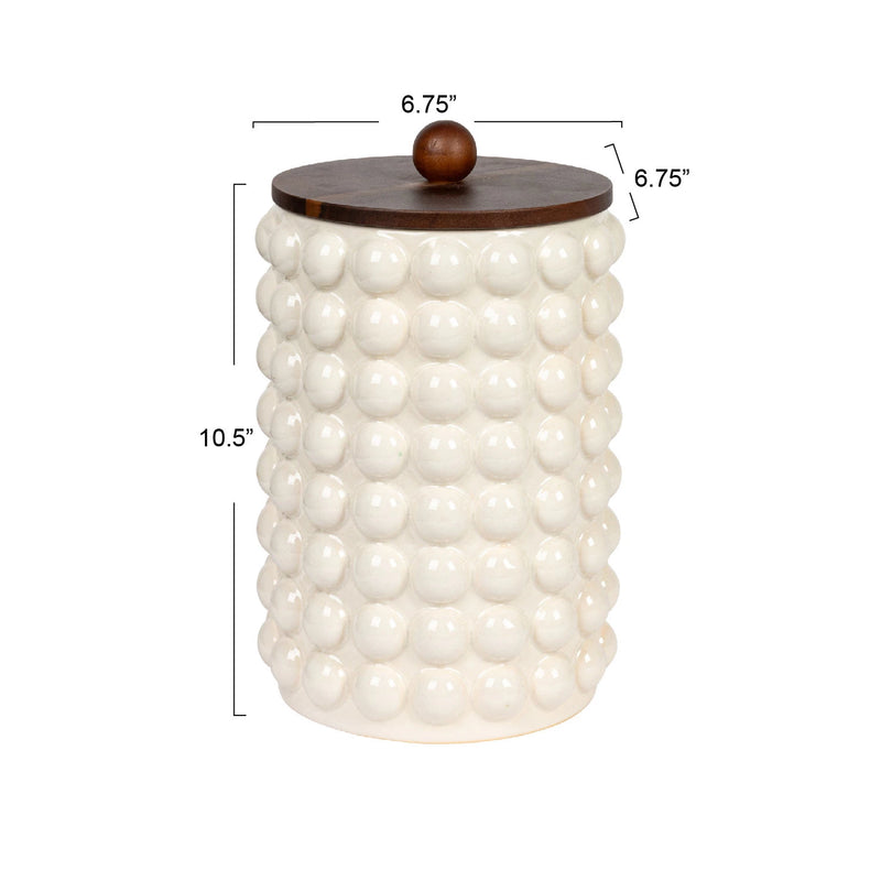 Stoneware Canister w/ Raised Dots & Acacia Wood Lid & Natural