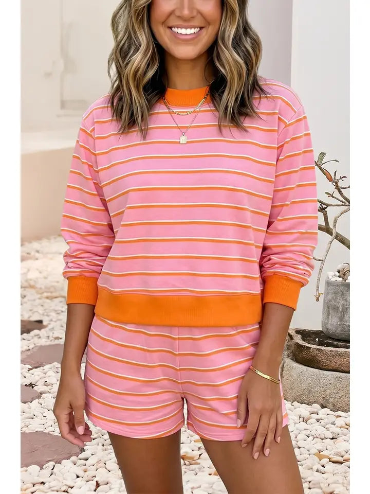 Color Block Trim Pullover Pocketed Shorts 2pcs Set