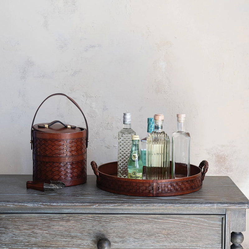 Decorative MDF & Woven Leather Tray with Braided Handles