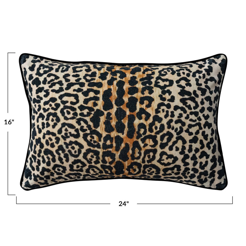Cotton Velvet Printed Lumbar Pillow w/ Leopard Print & Piping