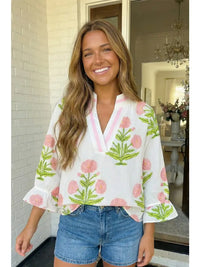 Wild Flower Print V Neck 3/4 Sleeve Blouse