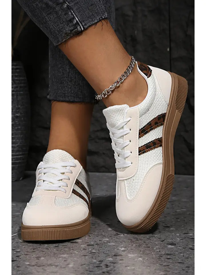 Textured Woven Leopard Patchwork Flat Sneakers