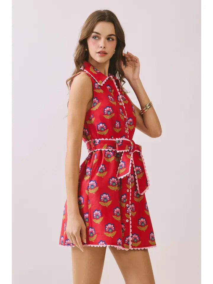 Floral Print Contrast Scalloped Trim Detail Dress