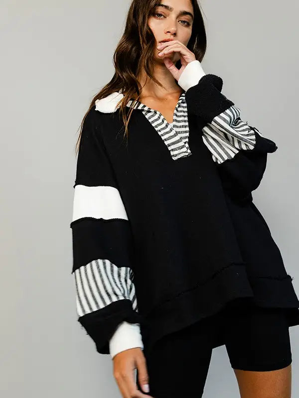 French Terry Knit Color-Block Collared Loose Fit Top