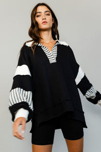French Terry Knit Color-Block Collared Loose Fit Top