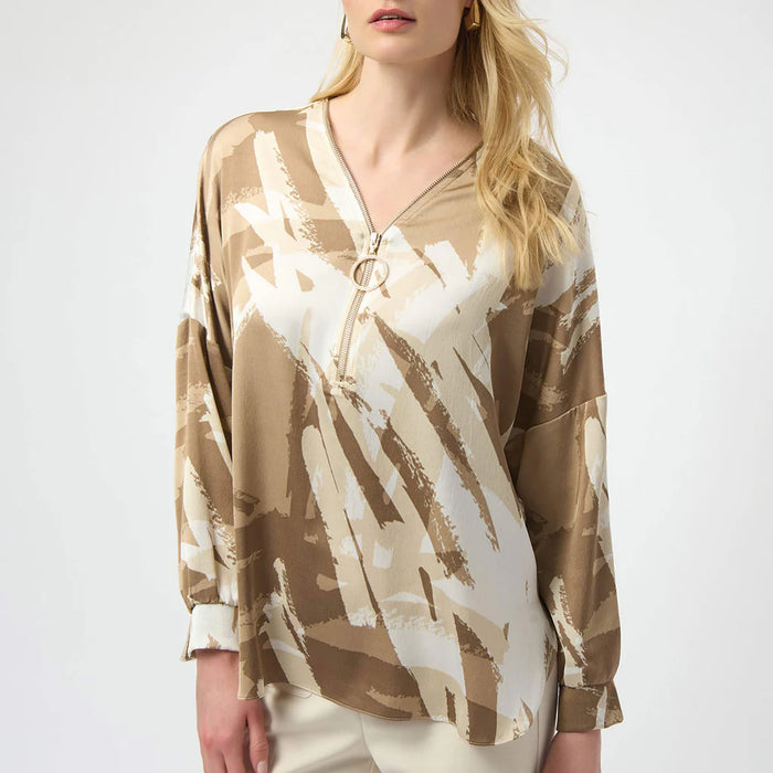 Satin Abstract Zip V Neck