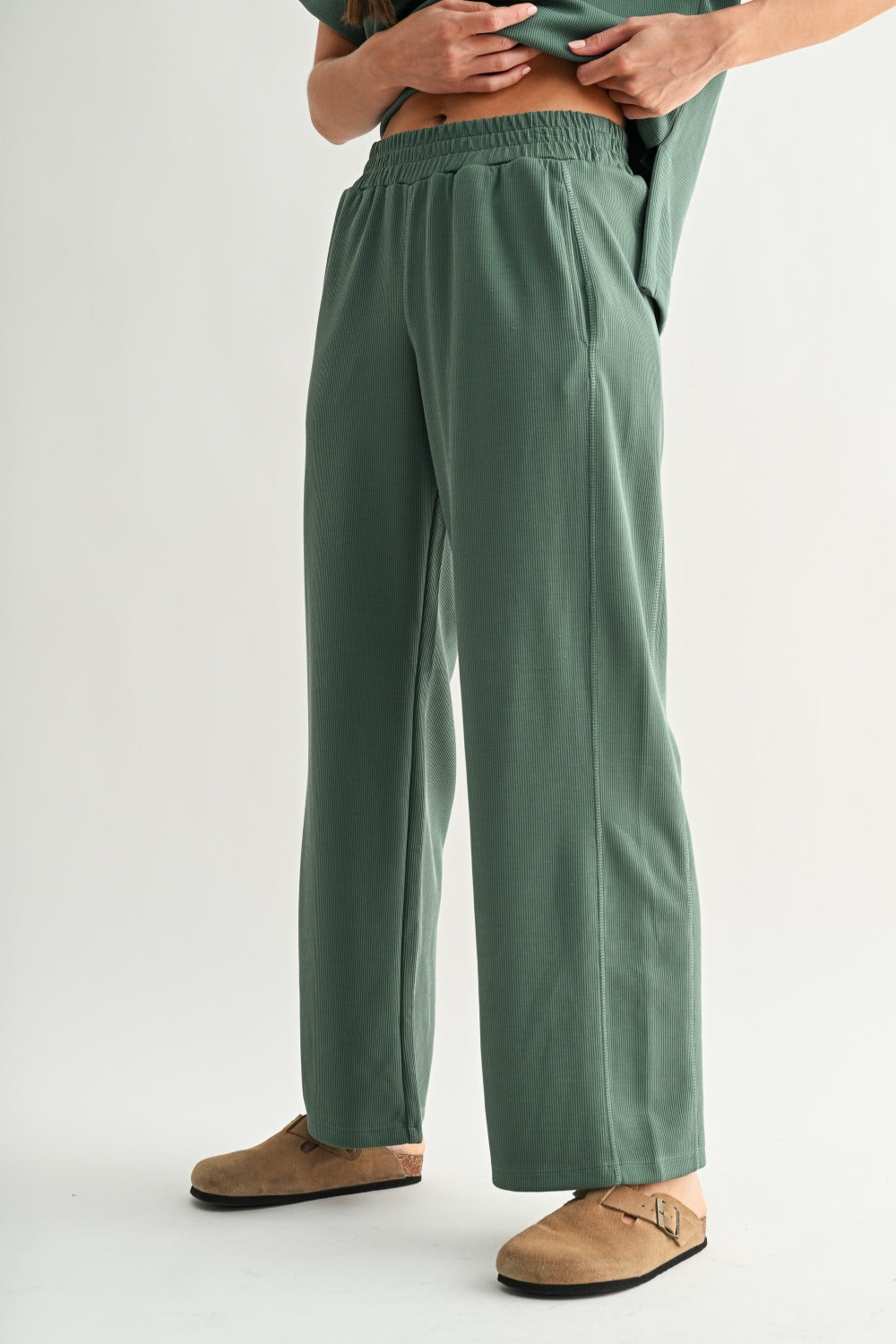 Luxe Sand Wash Rib Wide-Leg Pants