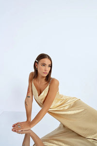 LONG SATIN DRESS, COWL NECK