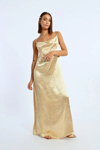 LONG SATIN DRESS, COWL NECK