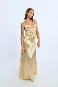 LONG SATIN DRESS, COWL NECK