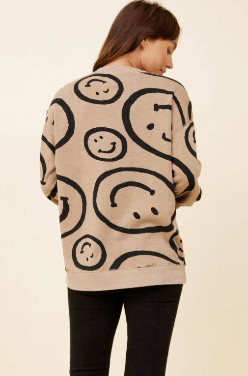 TAUPE W/ BLACK PRINT BURNOUT SMILEY FACE CREW