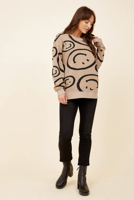 TAUPE W/ BLACK PRINT BURNOUT SMILEY FACE CREW