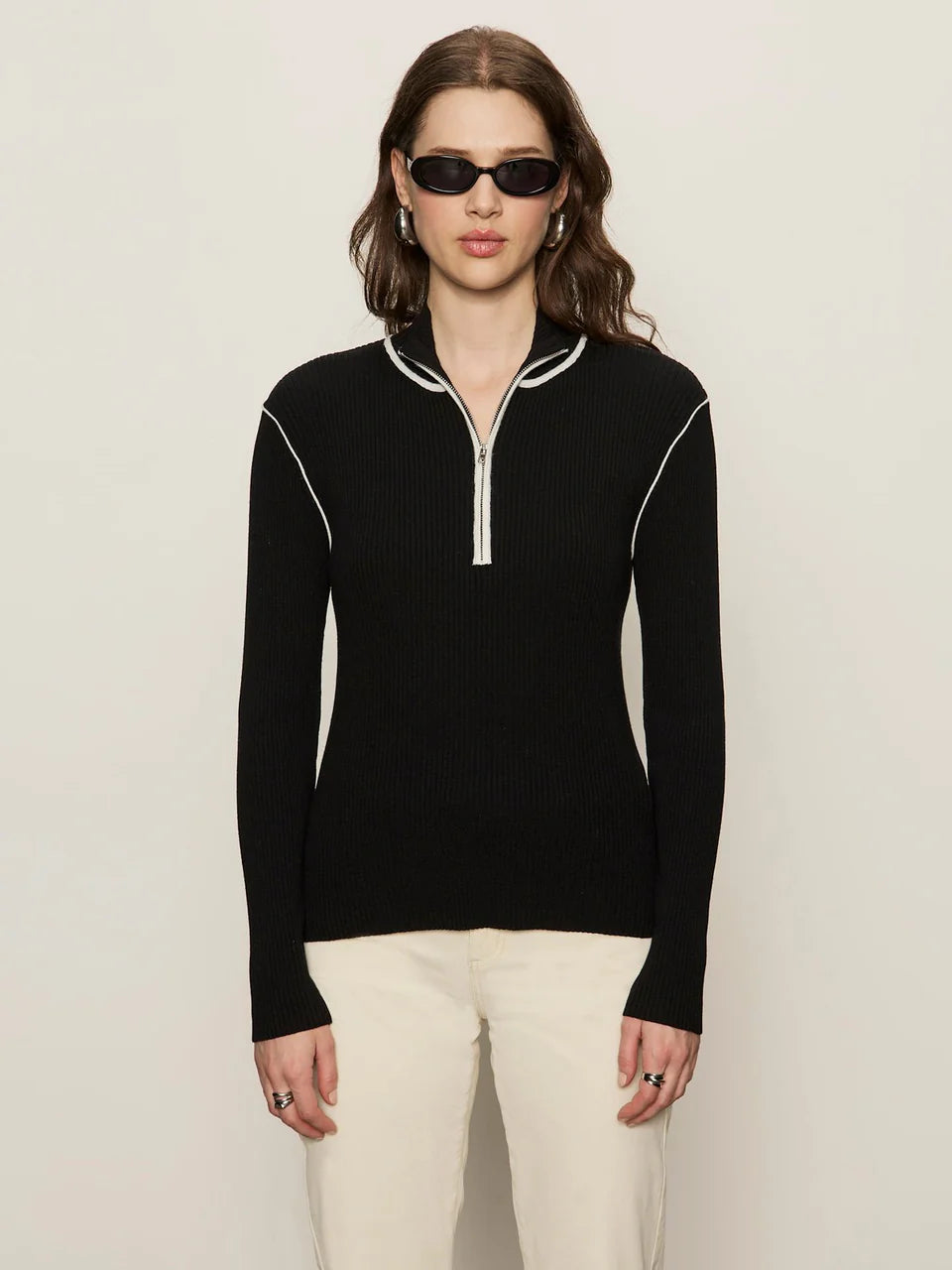 Sporty Rib Zip Up Black With Chalk Tipping Sweater