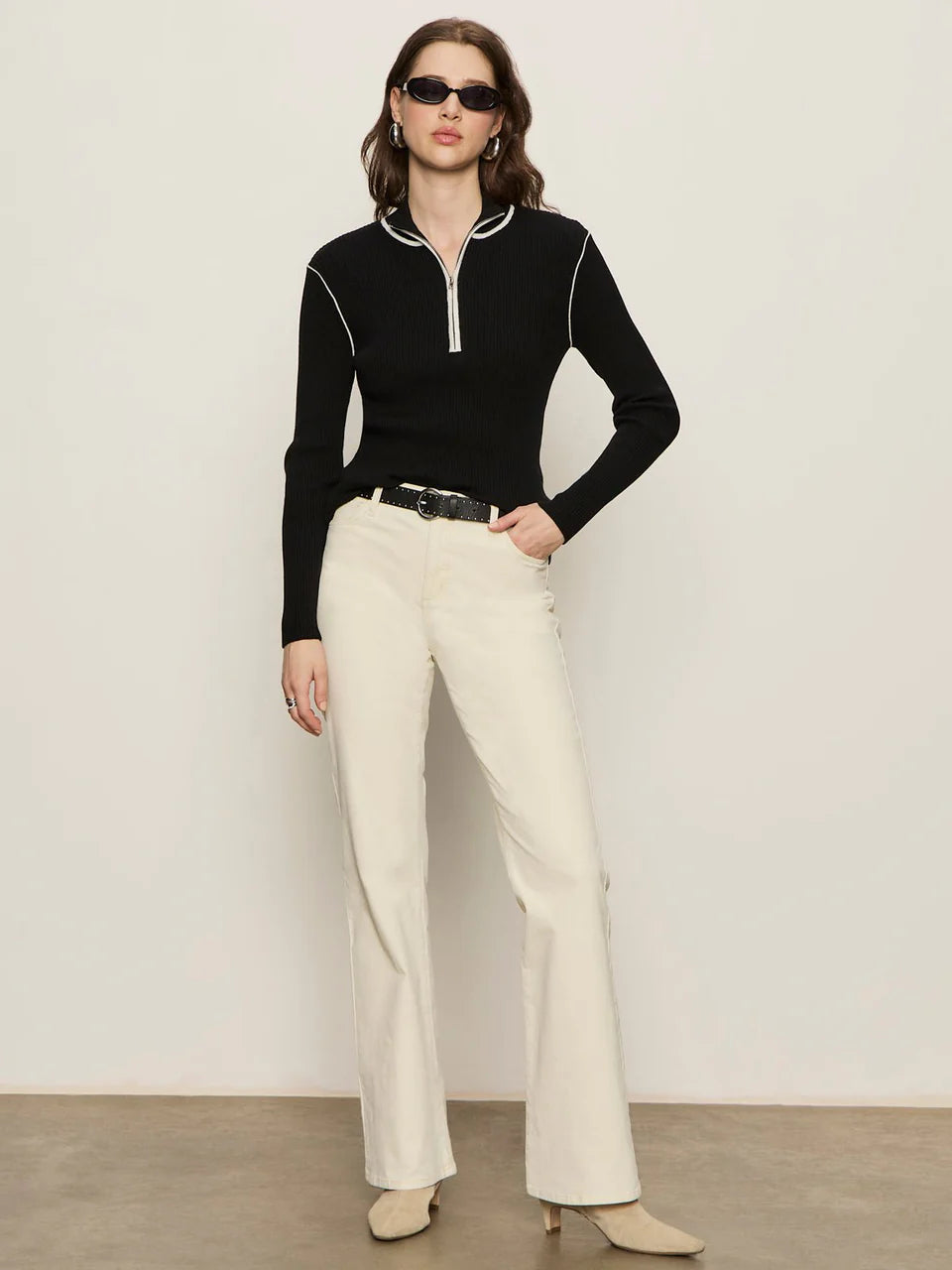 Sporty Rib Zip Up Black With Chalk Tipping Sweater