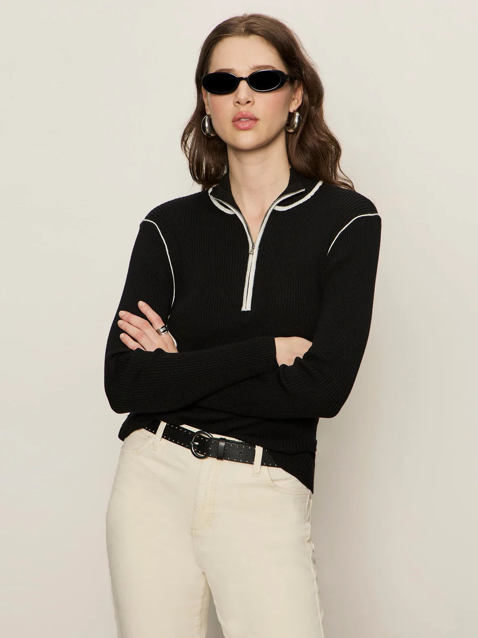 Sporty Rib Zip Up Black With Chalk Tipping Sweater