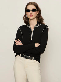 Sporty Rib Zip Up Black With Chalk Tipping Sweater