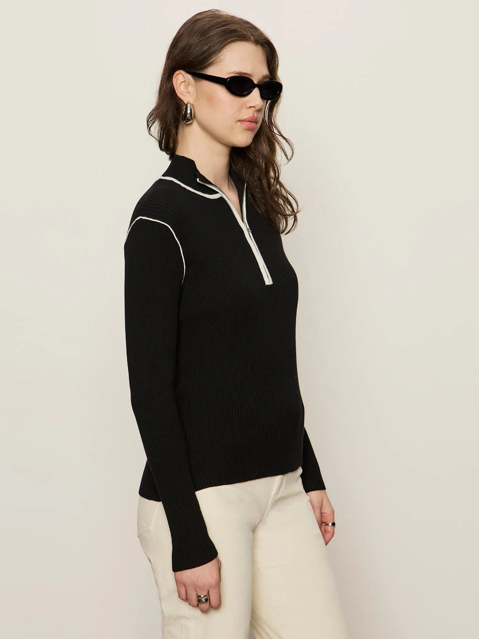 Sporty Rib Zip Up Black With Chalk Tipping Sweater
