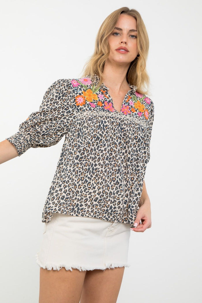 Embroidered Detail Cheetah Print Top