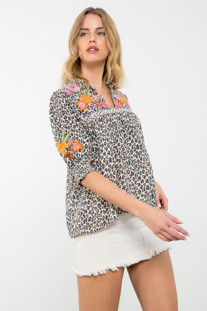 Embroidered Detail Cheetah Print Top