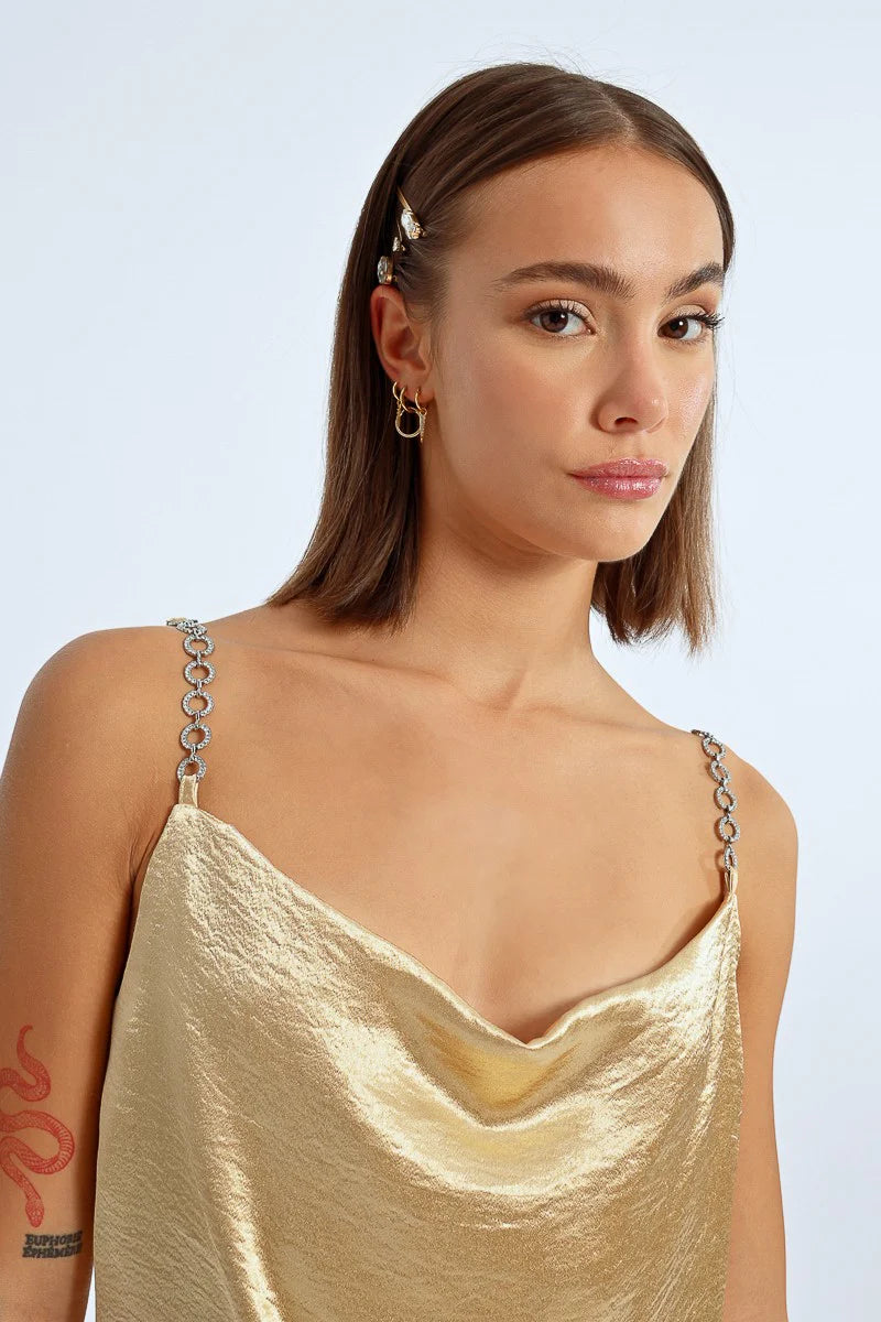 TOP WITH RHINESTONE STRAPS, SATIN EFFECT