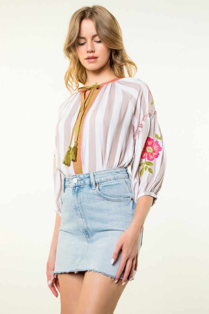 Embroidered Sleeve Striped Top