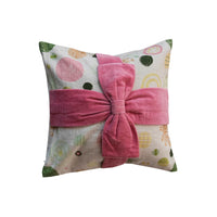 16" Square Cotton Printed Pillow w/ Pattern & Velvet Applique Bow, Multi Color