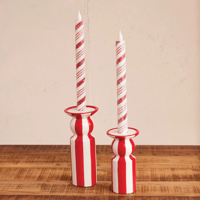 Hand-Painted Ceramic Striped Taper Holder, Red & White