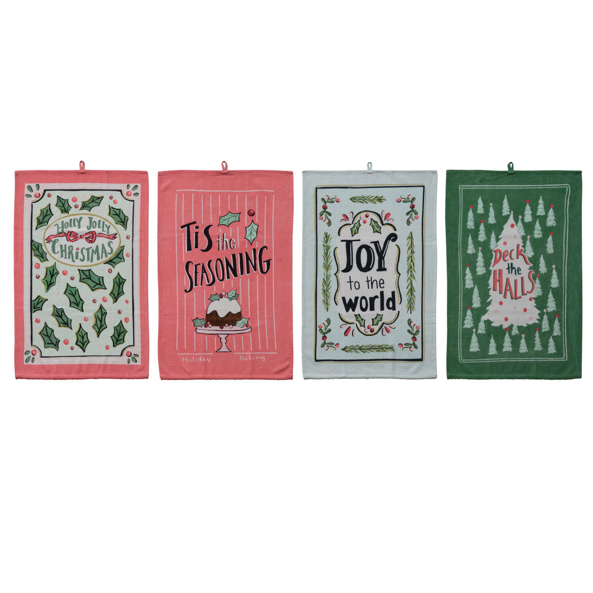 Cotton Printed Tea Towel with Holiday Image, Saying & Pom Pom Trim,