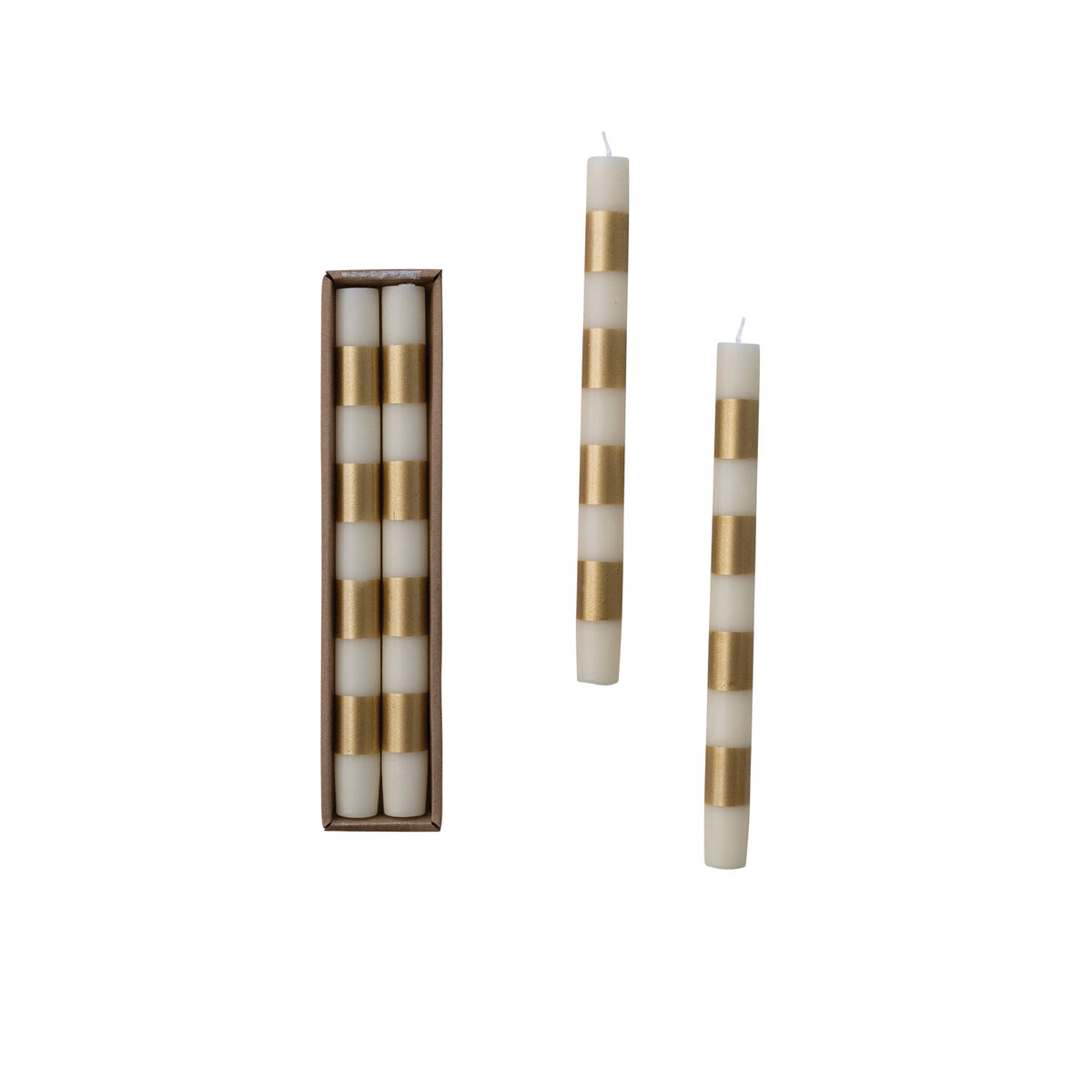 Unscented Taper Candles with Stripes in Box, Cream & Gold Color, Set of 2