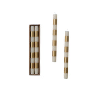 Unscented Taper Candles with Stripes in Box, Cream & Gold Color, Set of 2