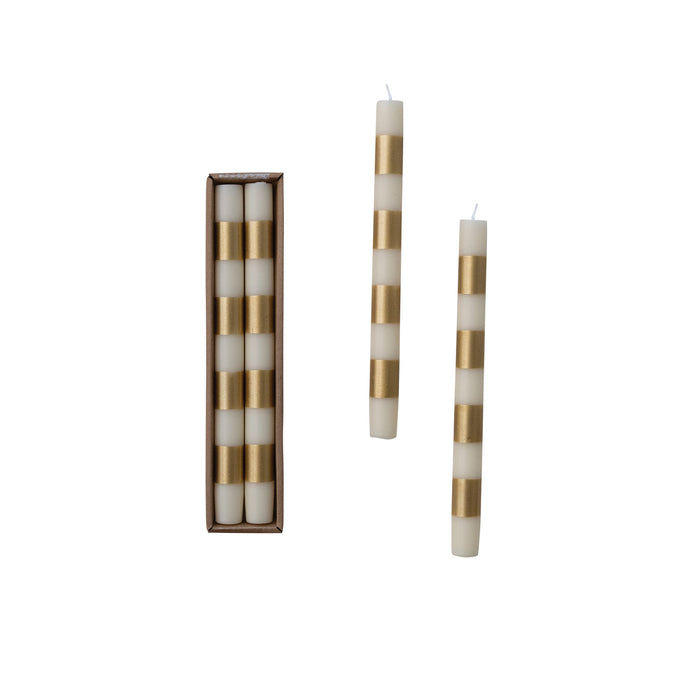 Unscented Taper Candles with Stripes in Box, Cream & Gold Color, Set of 2