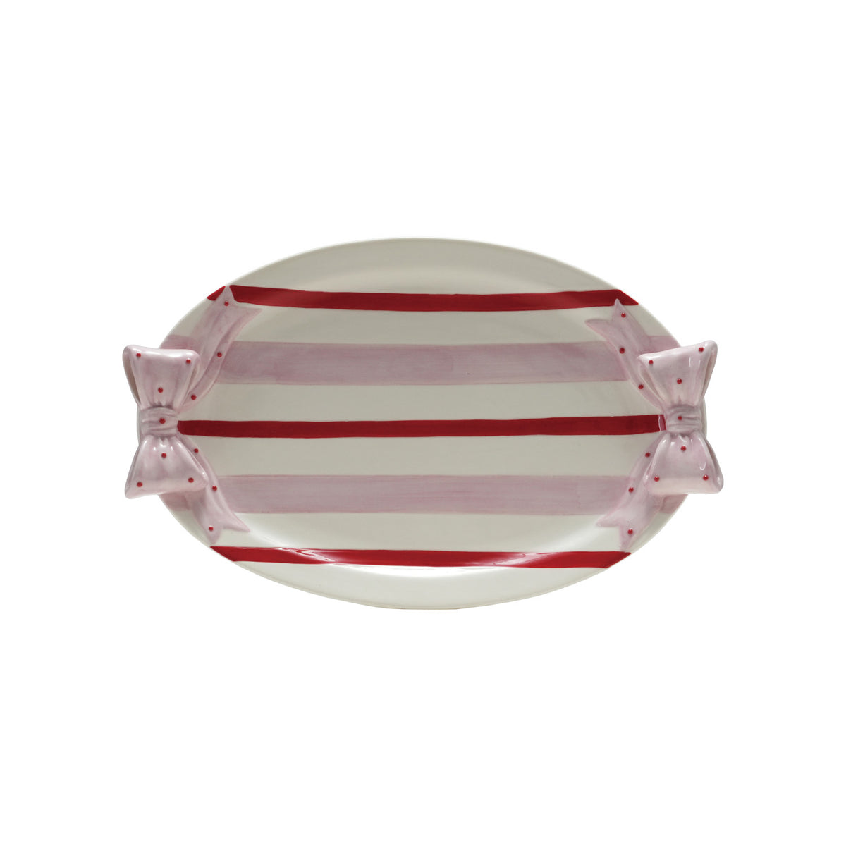 Hand-Painted Stoneware Striped Platter with Polka Dot Bow Shaped Handles